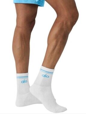 ALO Yoga Men’s White Crew Socks with Light Blue Logo and Stripes